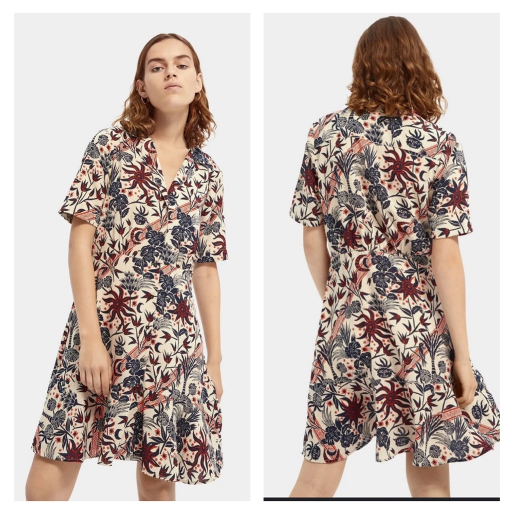 Anthropologie Scotch & Soda Short sleeve V Button Up Mini Dress Black motif XS